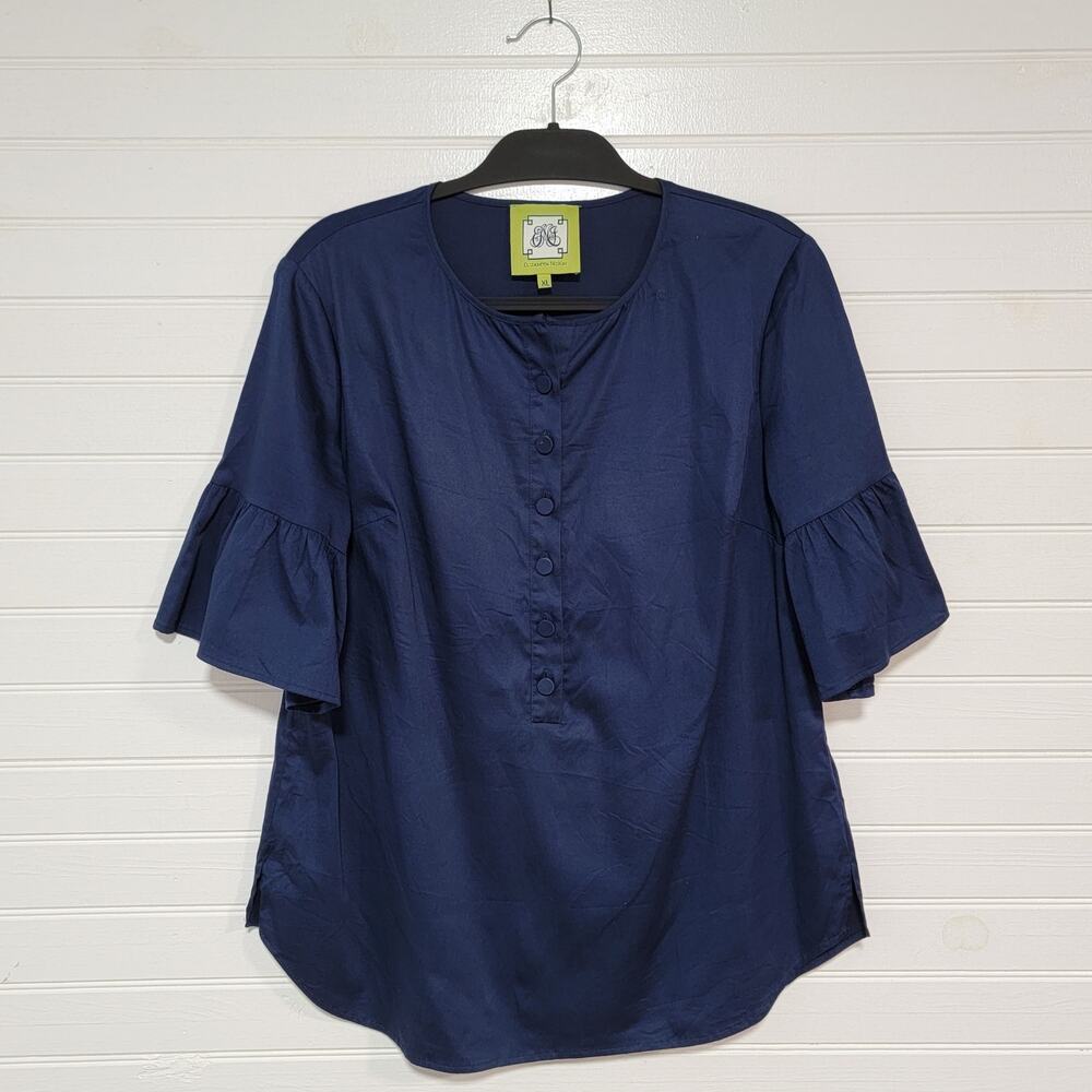 Elizabeth McKay Flutter Sleeve Popover Top Size XL Navy Blue Preppy Beach Shirt